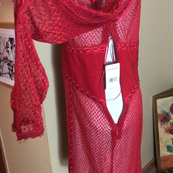 FREE PEOPLE Size Large Lace Cocktail Dress Cherry Red Scalloped Bodycon $250NWT - Picture 8 of 16